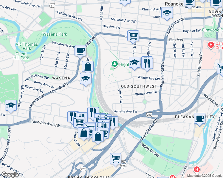map of restaurants, bars, coffee shops, grocery stores, and more near 632 Walnut Avenue Southwest in Roanoke