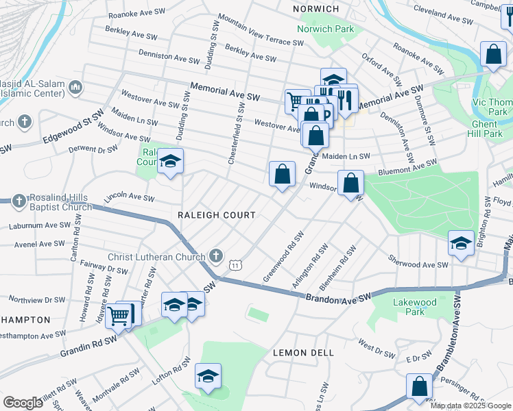 map of restaurants, bars, coffee shops, grocery stores, and more near 1811 Belleville Road Southwest in Roanoke