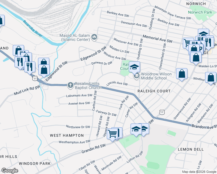 map of restaurants, bars, coffee shops, grocery stores, and more near 2430 Lincoln Avenue Southwest in Roanoke