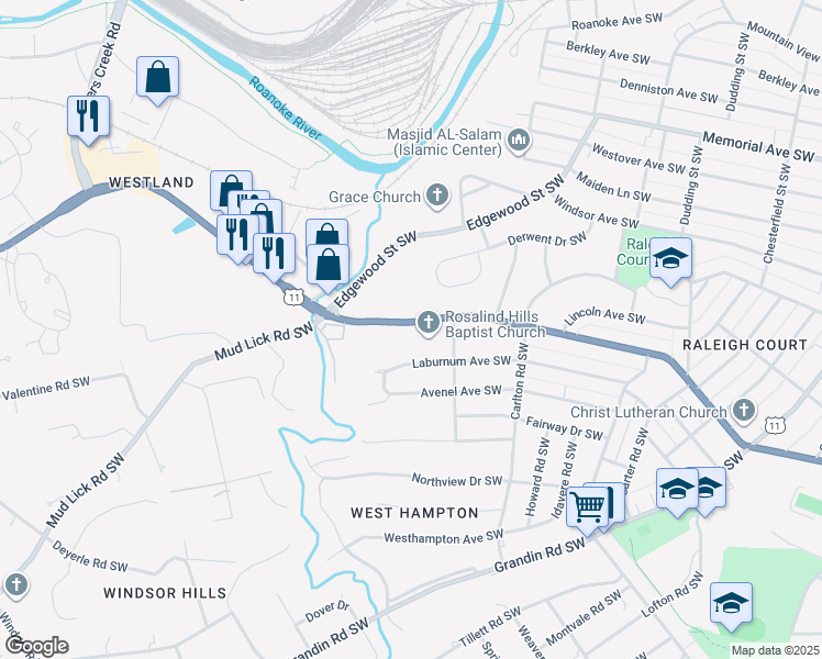 map of restaurants, bars, coffee shops, grocery stores, and more near 2755 Brandon Avenue Southwest in Roanoke