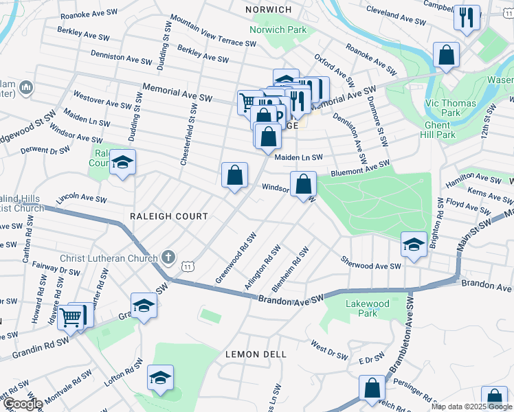map of restaurants, bars, coffee shops, grocery stores, and more near 1720 Grandin Road Southwest in Roanoke