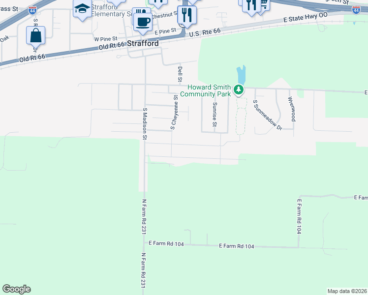 map of restaurants, bars, coffee shops, grocery stores, and more near 612 S Cheyenne St in Strafford