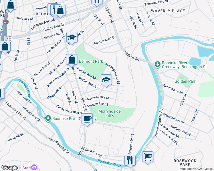 map of restaurants, bars, coffee shops, grocery stores, and more near 1201 Penmar Avenue Southeast in Roanoke