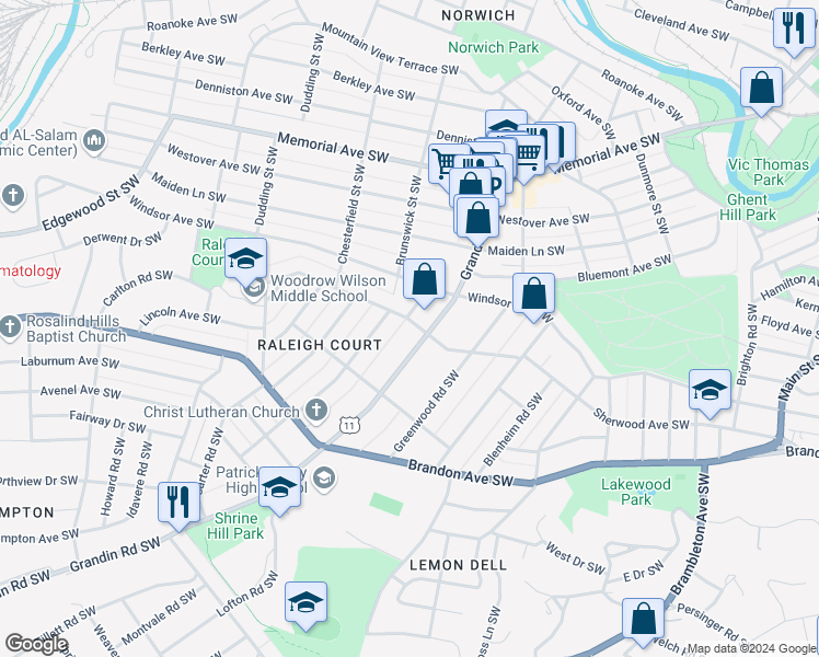 map of restaurants, bars, coffee shops, grocery stores, and more near 1801 Grandin Road Southwest in Roanoke