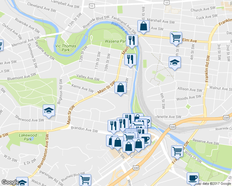 map of restaurants, bars, coffee shops, grocery stores, and more near 837 Kerns Avenue Southwest in Roanoke