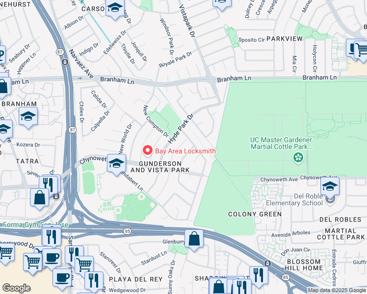 map of restaurants, bars, coffee shops, grocery stores, and more near 488 Barron Park Court in San Jose