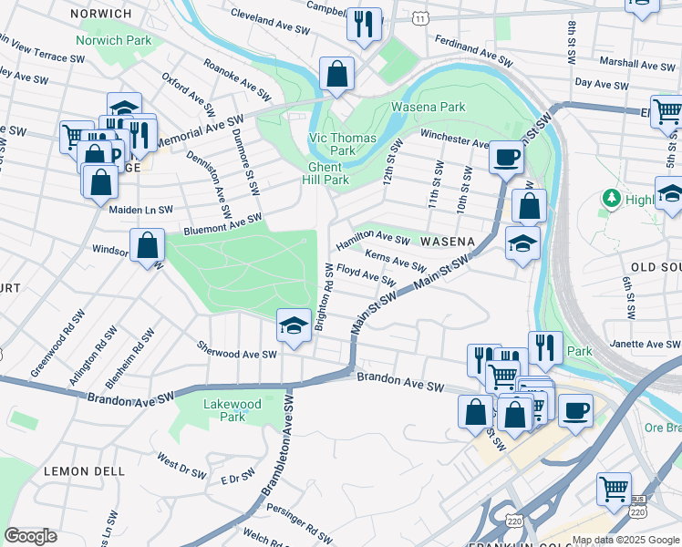map of restaurants, bars, coffee shops, grocery stores, and more near 1242 Floyd Avenue Southwest in Roanoke