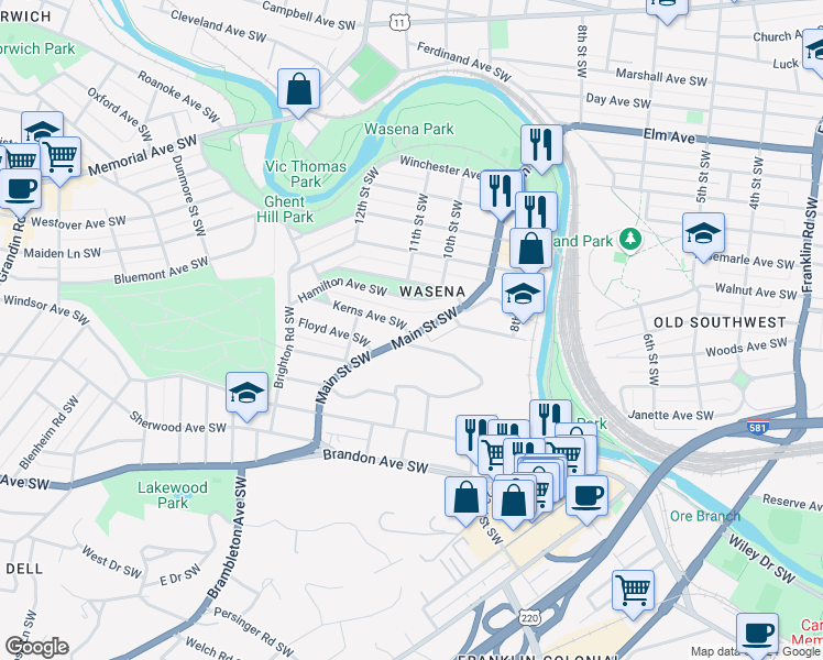 map of restaurants, bars, coffee shops, grocery stores, and more near 1443 Main Street Southwest in Roanoke