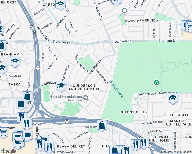 map of restaurants, bars, coffee shops, grocery stores, and more near 488 Barron Park Court in San Jose