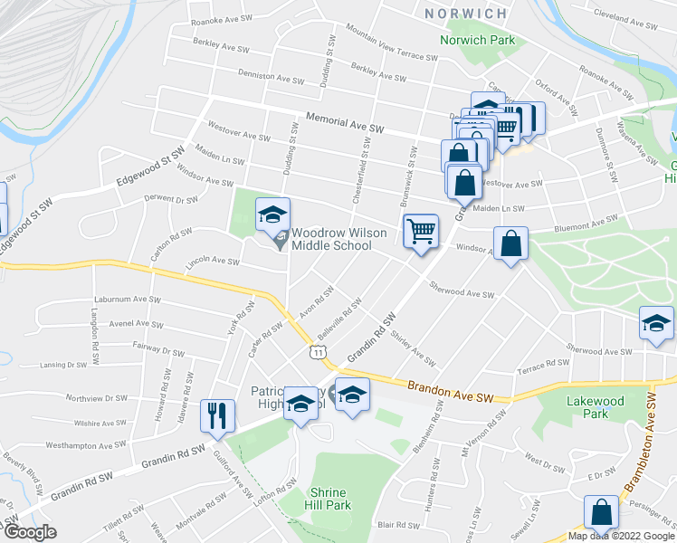 map of restaurants, bars, coffee shops, grocery stores, and more near 1835 Avon Road Southwest in Roanoke