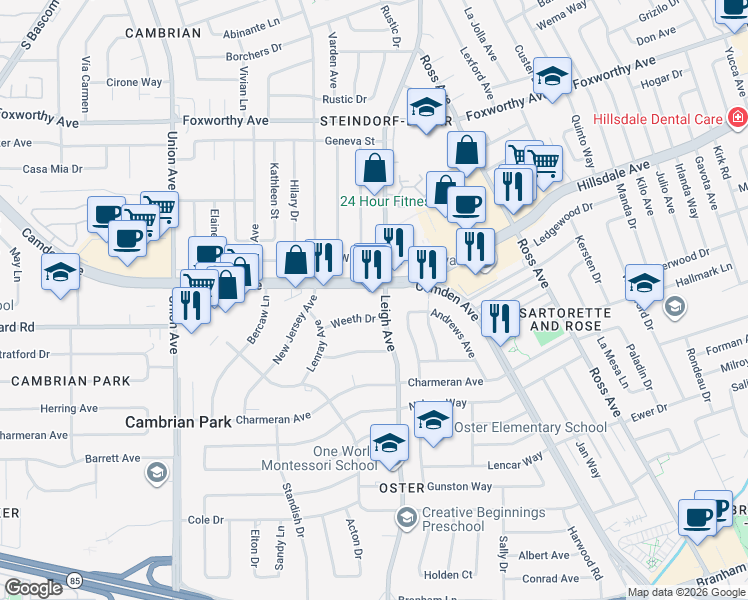 map of restaurants, bars, coffee shops, grocery stores, and more near 1890 Camden Avenue in San Jose
