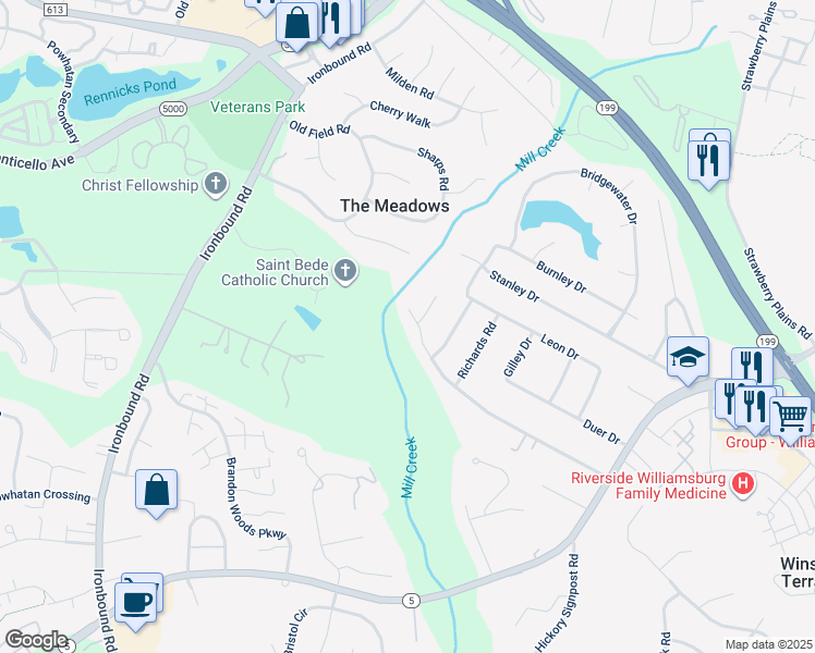 map of restaurants, bars, coffee shops, grocery stores, and more near 150 Cooley Road in Williamsburg