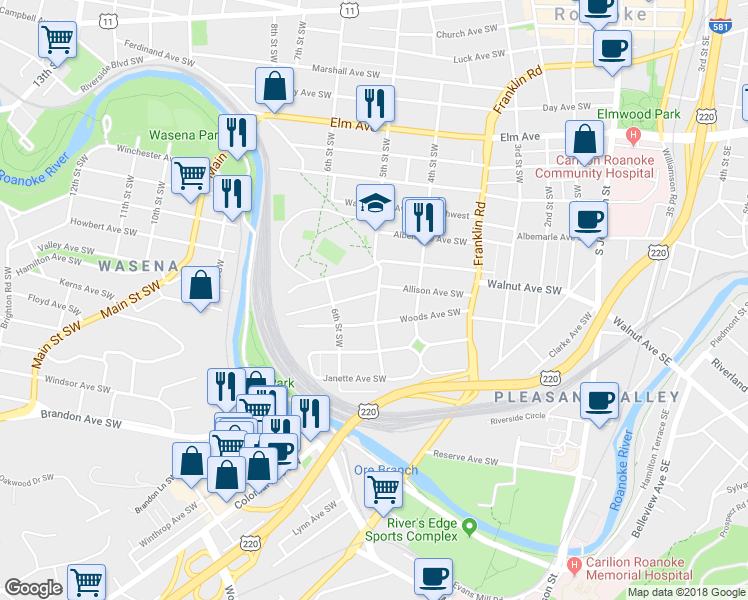 map of restaurants, bars, coffee shops, grocery stores, and more near 513 Allison Avenue Southwest in Roanoke