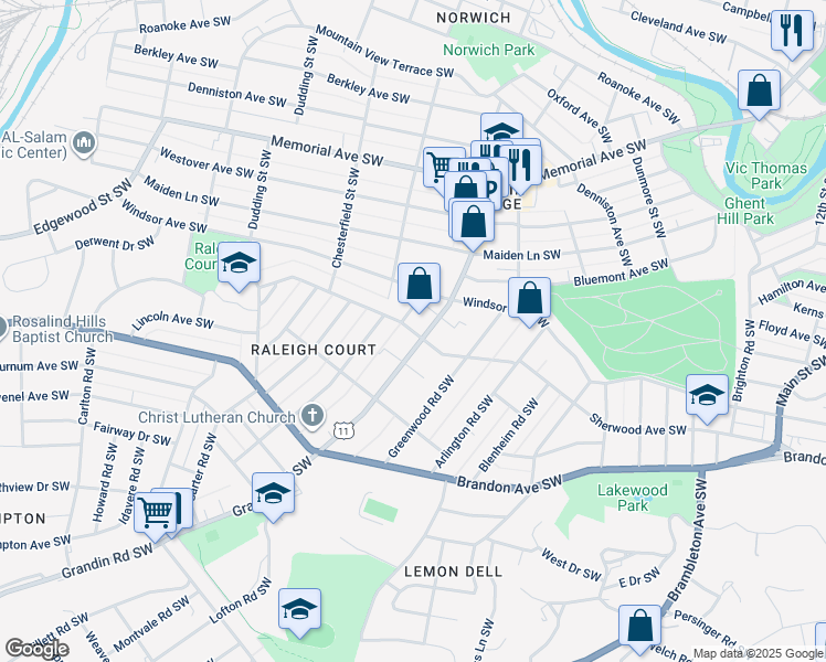 map of restaurants, bars, coffee shops, grocery stores, and more near 1700-1798 Brunswick Street Southwest in Roanoke