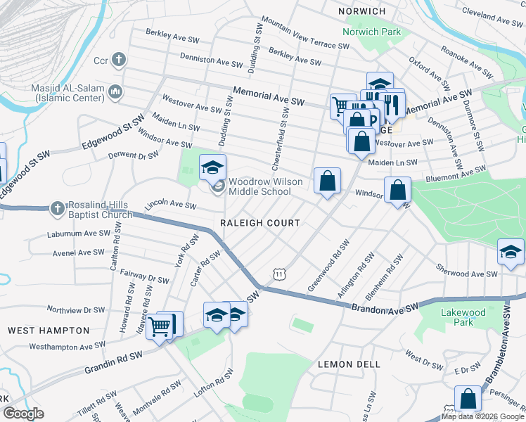 map of restaurants, bars, coffee shops, grocery stores, and more near 1849 Avon Road Southwest in Roanoke