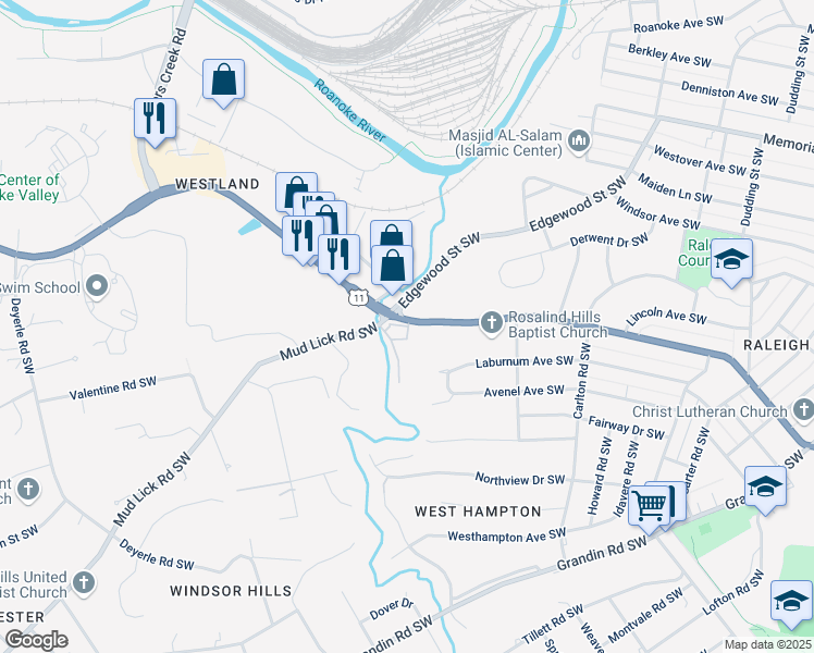 map of restaurants, bars, coffee shops, grocery stores, and more near 2912 Brandon Avenue Southwest in Roanoke
