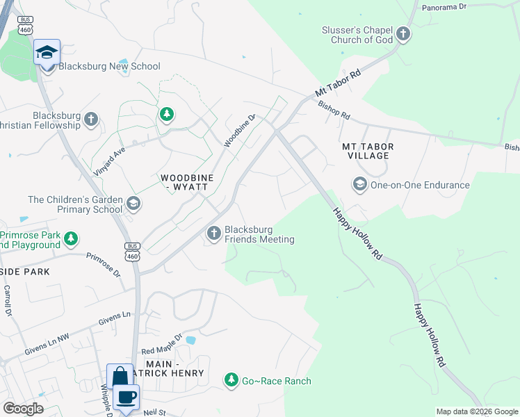 map of restaurants, bars, coffee shops, grocery stores, and more near 3442 McEver Road in Blacksburg