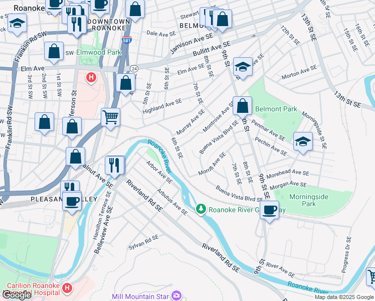 map of restaurants, bars, coffee shops, grocery stores, and more near 1313 Memphis Street Southeast in Roanoke