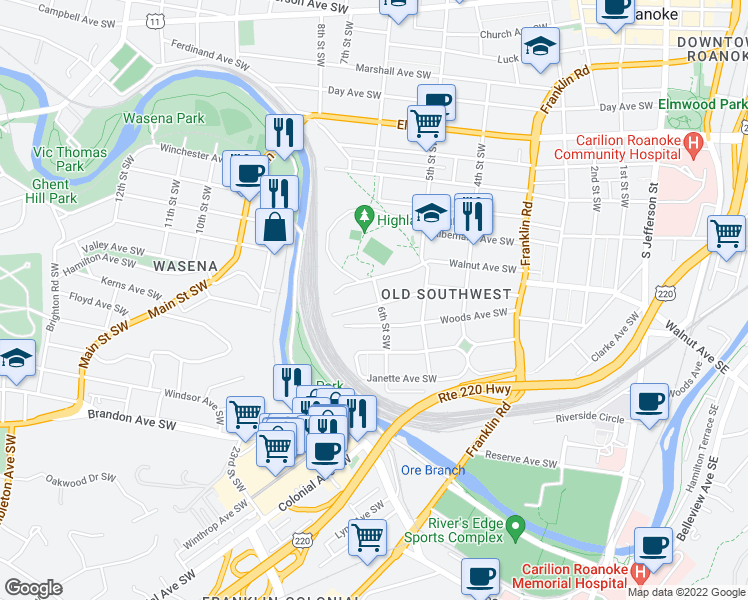 map of restaurants, bars, coffee shops, grocery stores, and more near 601 Allison Avenue Southwest in Roanoke