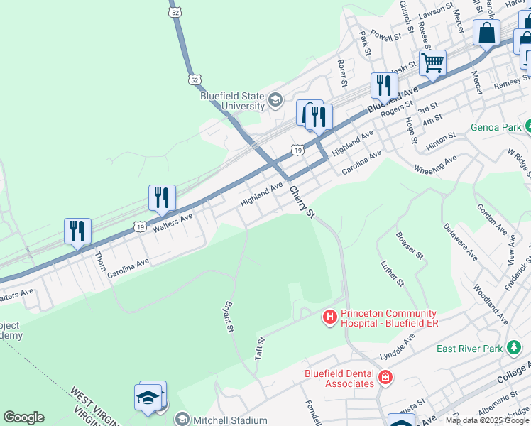 map of restaurants, bars, coffee shops, grocery stores, and more near 221 Carolina Avenue in Bluefield