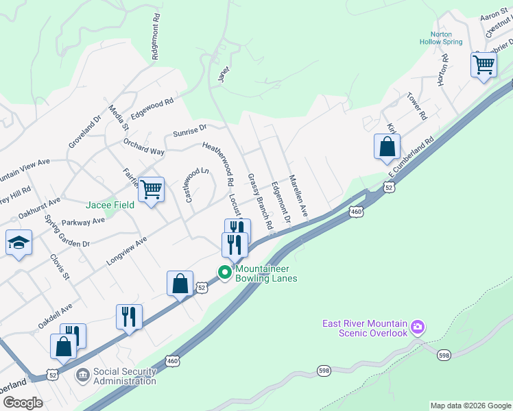 map of restaurants, bars, coffee shops, grocery stores, and more near 3404 Gateway Drive in Bluefield
