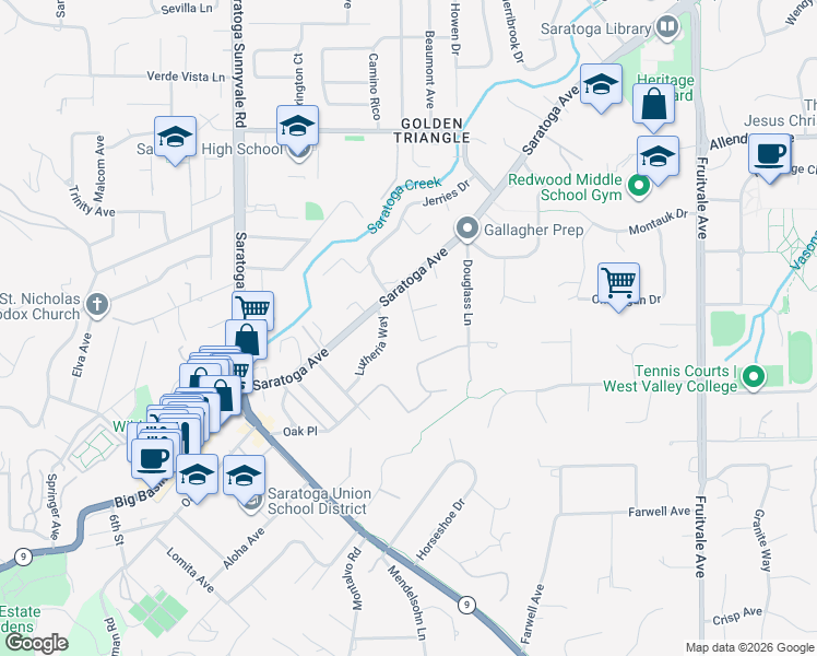 map of restaurants, bars, coffee shops, grocery stores, and more near 14231 Juniper Lane in Saratoga