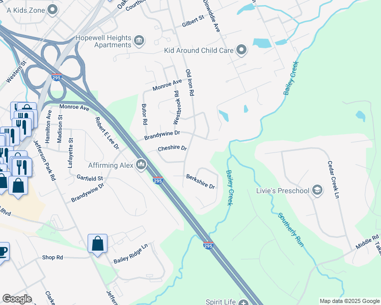 map of restaurants, bars, coffee shops, grocery stores, and more near 3809 Old Iron Road in Hopewell