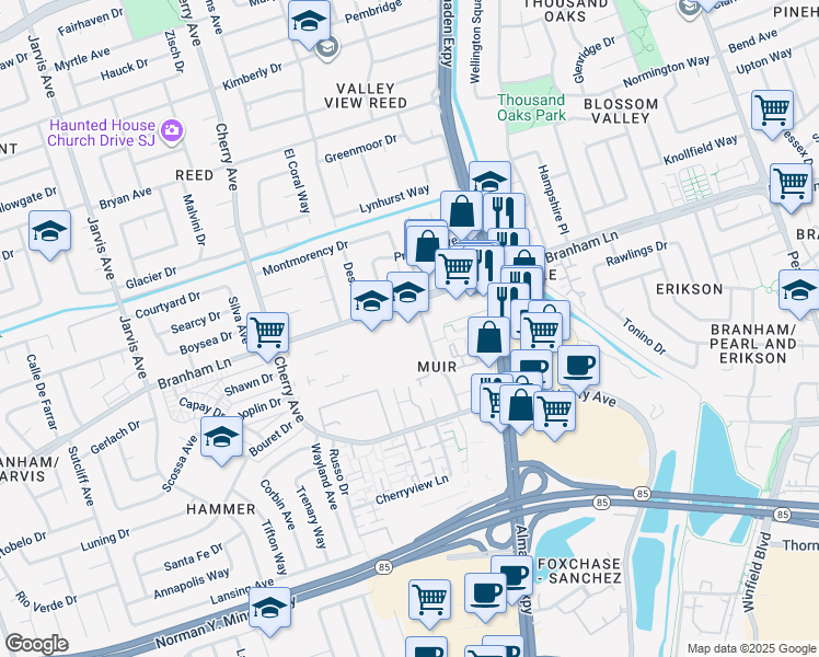 map of restaurants, bars, coffee shops, grocery stores, and more near 4825 Speak Lane in San Jose