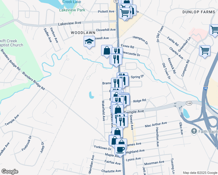 map of restaurants, bars, coffee shops, grocery stores, and more near 2310 Franklin Avenue in Colonial Heights