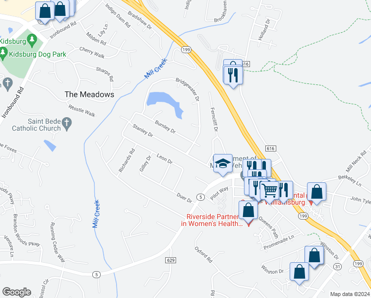 map of restaurants, bars, coffee shops, grocery stores, and more near 117 Stanley Drive in Williamsburg