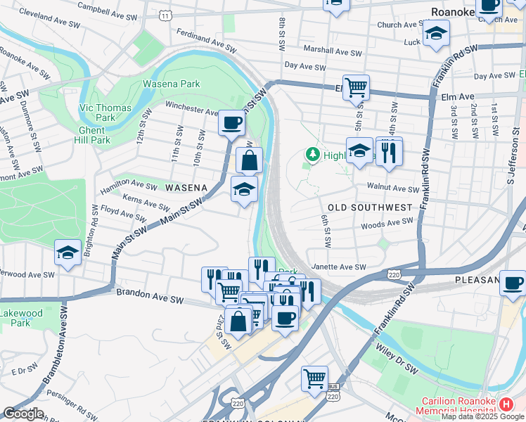 map of restaurants, bars, coffee shops, grocery stores, and more near Wiley Drive Southwest in Roanoke