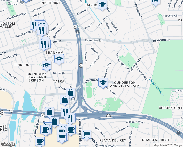map of restaurants, bars, coffee shops, grocery stores, and more near 729 Potomac Court in San Jose