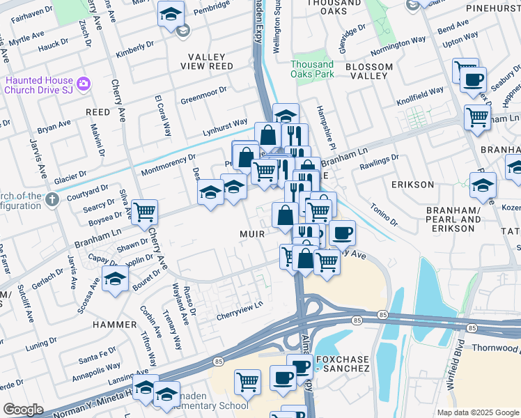 map of restaurants, bars, coffee shops, grocery stores, and more near 1114 Cedar Gables Drive in San Jose