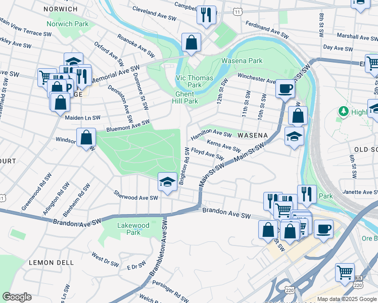 map of restaurants, bars, coffee shops, grocery stores, and more near 1252 Floyd Avenue Southwest in Roanoke