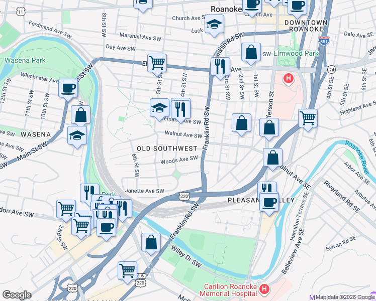 map of restaurants, bars, coffee shops, grocery stores, and more near 368 Allison Avenue Southwest in Roanoke