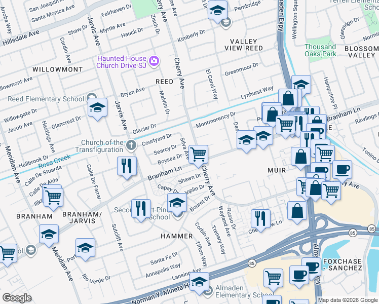 map of restaurants, bars, coffee shops, grocery stores, and more near 1376 Searcy Drive in San Jose