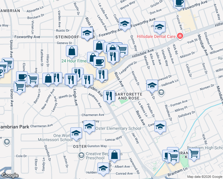 map of restaurants, bars, coffee shops, grocery stores, and more near 1799 Bradford Way in San Jose