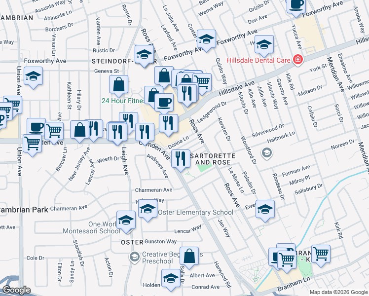 map of restaurants, bars, coffee shops, grocery stores, and more near 1799 Bradford Way in San Jose