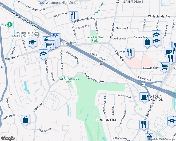 map of restaurants, bars, coffee shops, grocery stores, and more near 14245 Lora Drive in Los Gatos