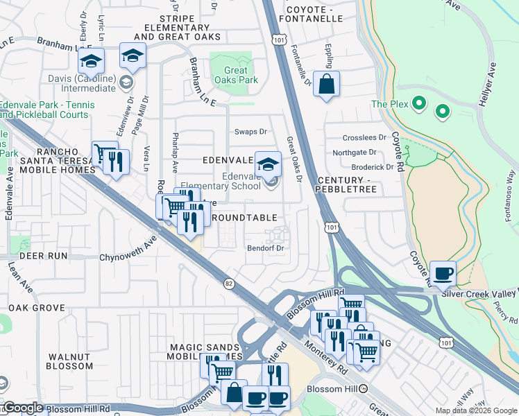 map of restaurants, bars, coffee shops, grocery stores, and more near 172 Azucar Avenue in San Jose