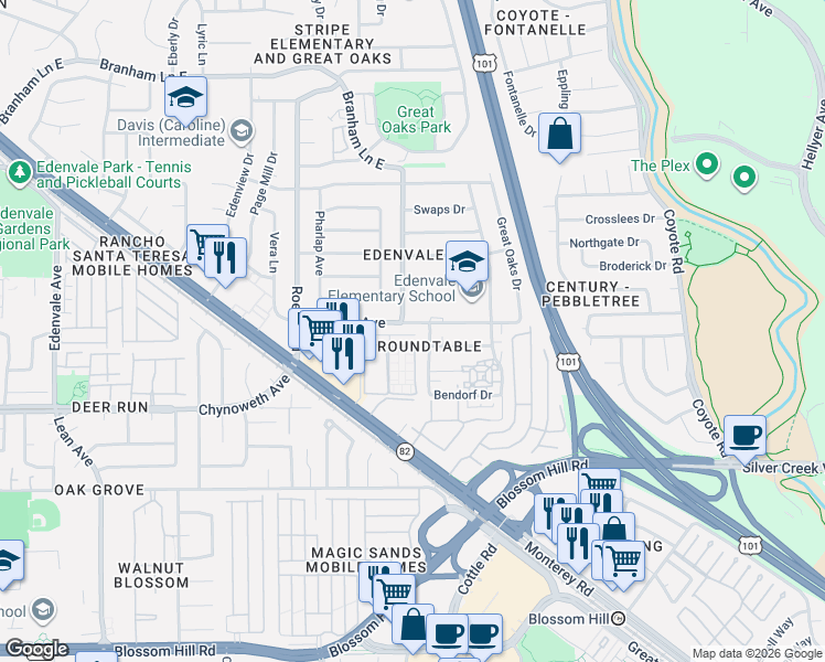 map of restaurants, bars, coffee shops, grocery stores, and more near 144 Azucar Avenue in San Jose