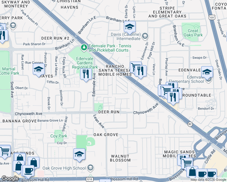map of restaurants, bars, coffee shops, grocery stores, and more near 152 Saddlebrook Drive in San Jose