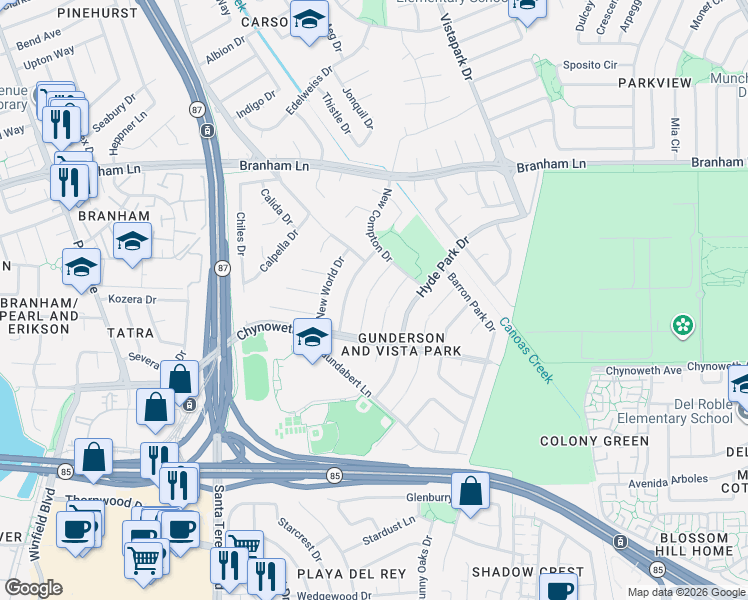 map of restaurants, bars, coffee shops, grocery stores, and more near 4929 New Ramsey Court in San Jose