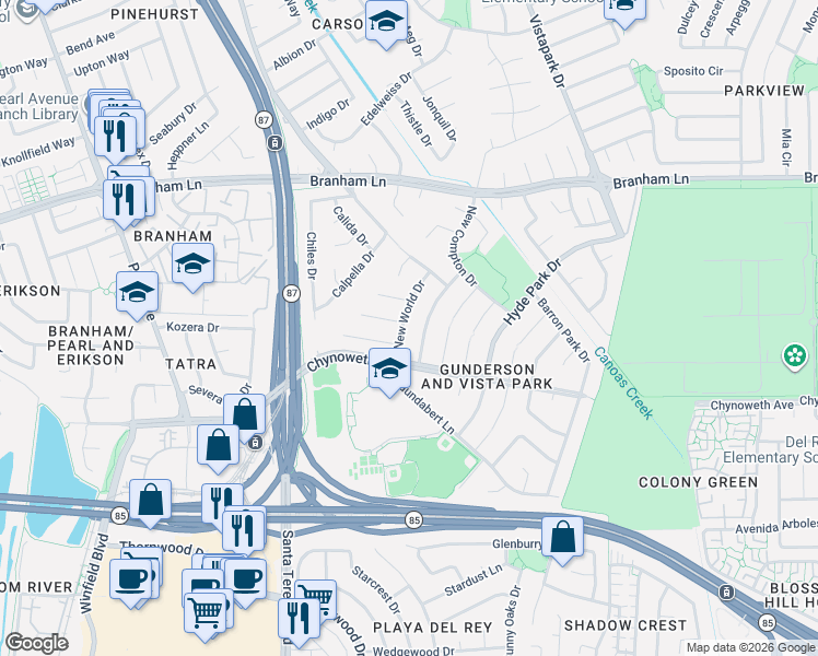 map of restaurants, bars, coffee shops, grocery stores, and more near 4952 New World Drive in San Jose