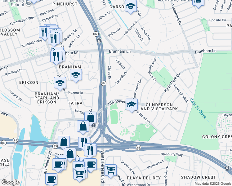 map of restaurants, bars, coffee shops, grocery stores, and more near 729 Potomac Court in San Jose