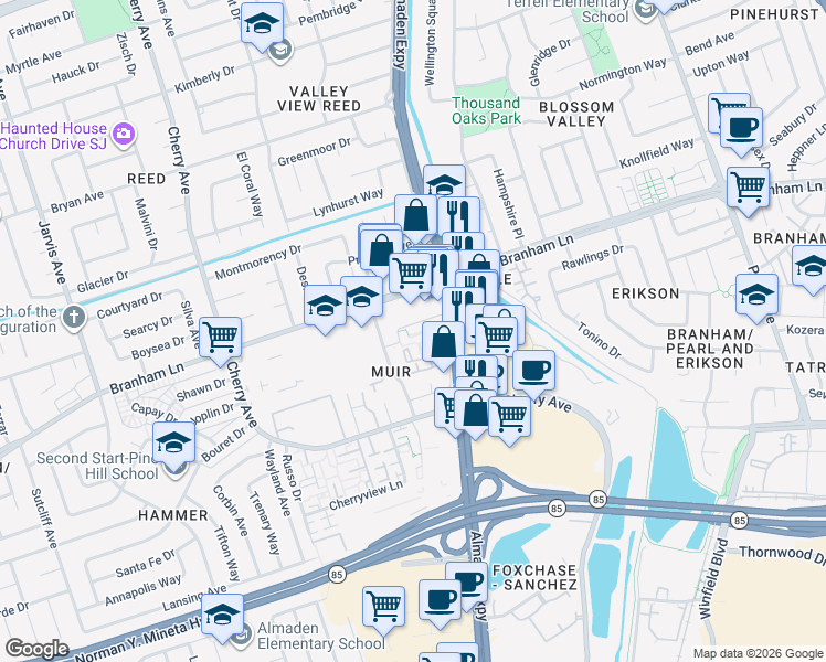 map of restaurants, bars, coffee shops, grocery stores, and more near 1114 Cedar Gables Drive in San Jose
