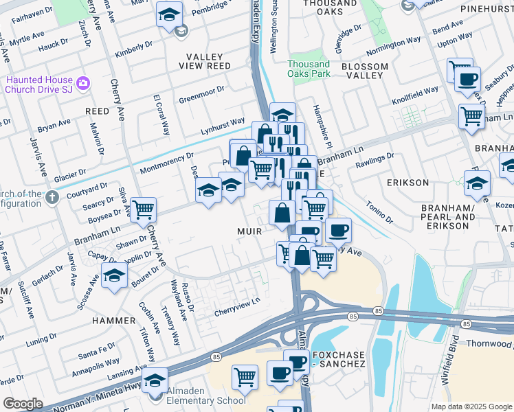 map of restaurants, bars, coffee shops, grocery stores, and more near 1114 Cedar Gables Drive in San Jose