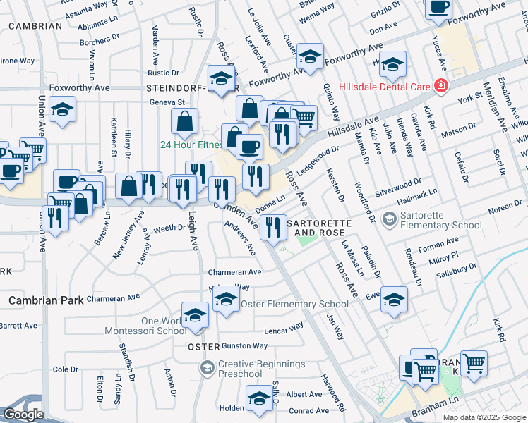 map of restaurants, bars, coffee shops, grocery stores, and more near 1832 Hillsdale Avenue in San Jose