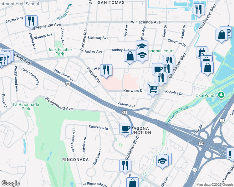 map of restaurants, bars, coffee shops, grocery stores, and more near 119 Dardanelli Lane in Los Gatos
