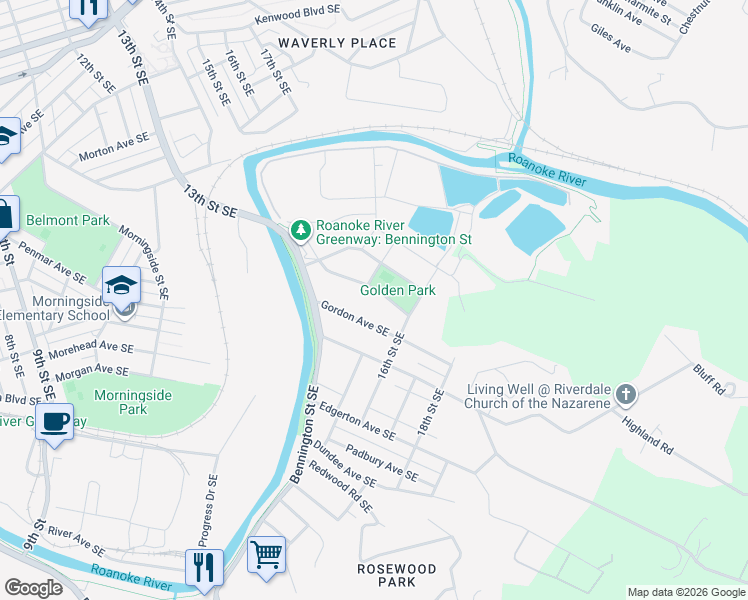 map of restaurants, bars, coffee shops, grocery stores, and more near 1547 Carlisle Ave SE in Roanoke